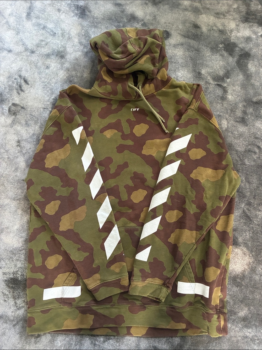 Off-White Camo Crewneck Hoodie in Olive & Brown with White Diagonal Stripes